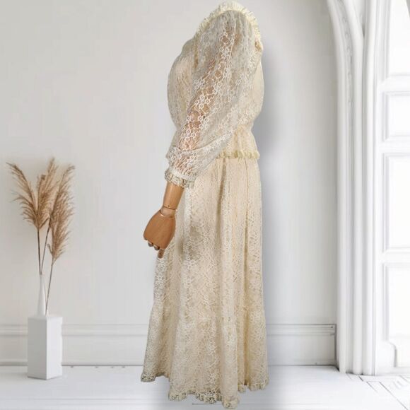 Vintage 70s Lace Puff Sleeve Midi Dress Size 4 Boho Wedding Cocktail - Picture 4 of 14